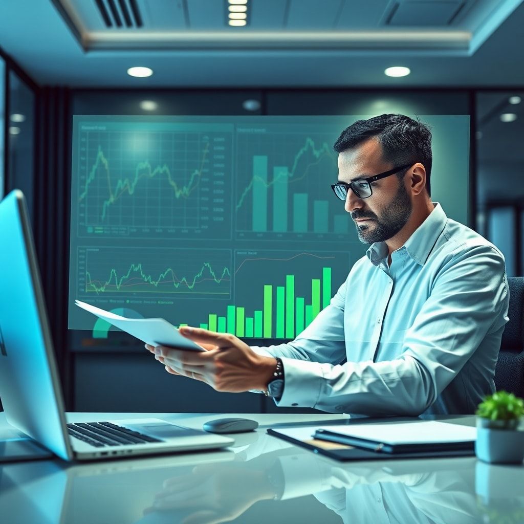 Profissional analisando gráficos de margem de lucro em tela digital, representando estratégias para aumentar a rentabilidade de negócios através de finanças e BPO.