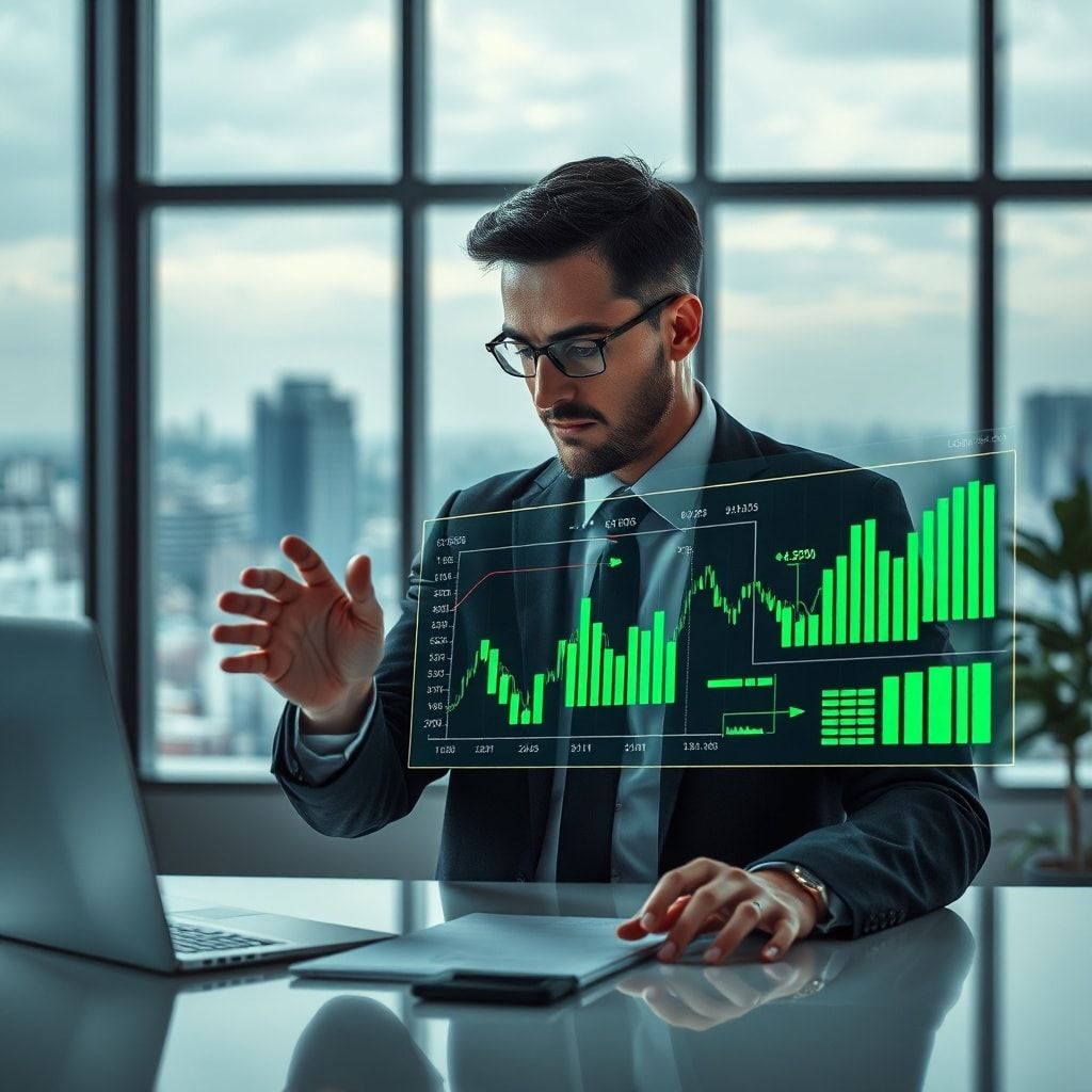 Profissional analisa indicadores financeiros complexos em painel digital, representando a inteligência e o crescimento estratégico para empresas que buscam decisões inteligentes através de um BPO financeiro eficaz.