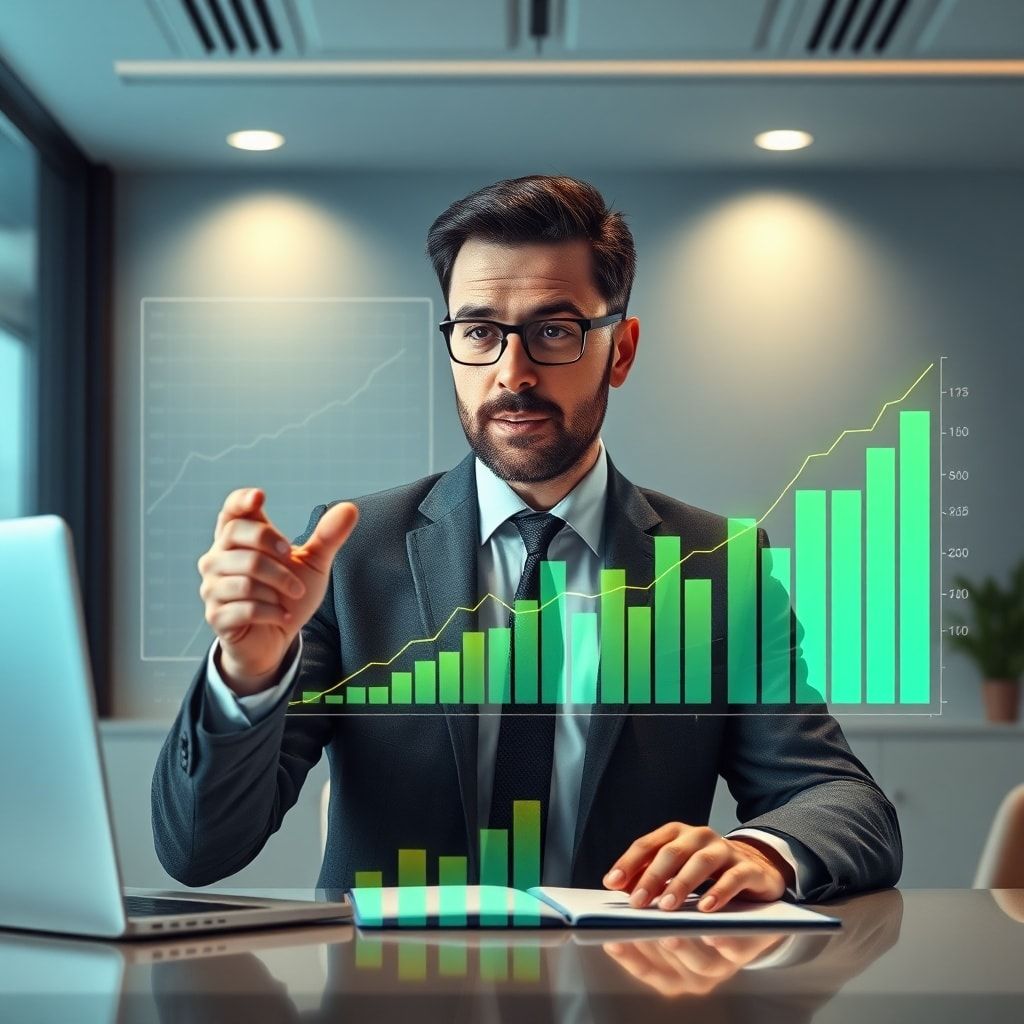 Gestor analisa Demonstrativo de Fluxo de Caixa (DFC) em painel digital, representando a clareza financeira e decisões estratégicas que o BPO Financeiro da 2BPO oferece para empresas em busca de crescimento.