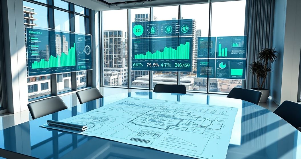Arquiteto revisando o controle de orçamento de projetos em seu escritório moderno. A imagem simboliza a otimização de custos e o planejamento financeiro estratégico para arquitetos, garantindo sucesso.